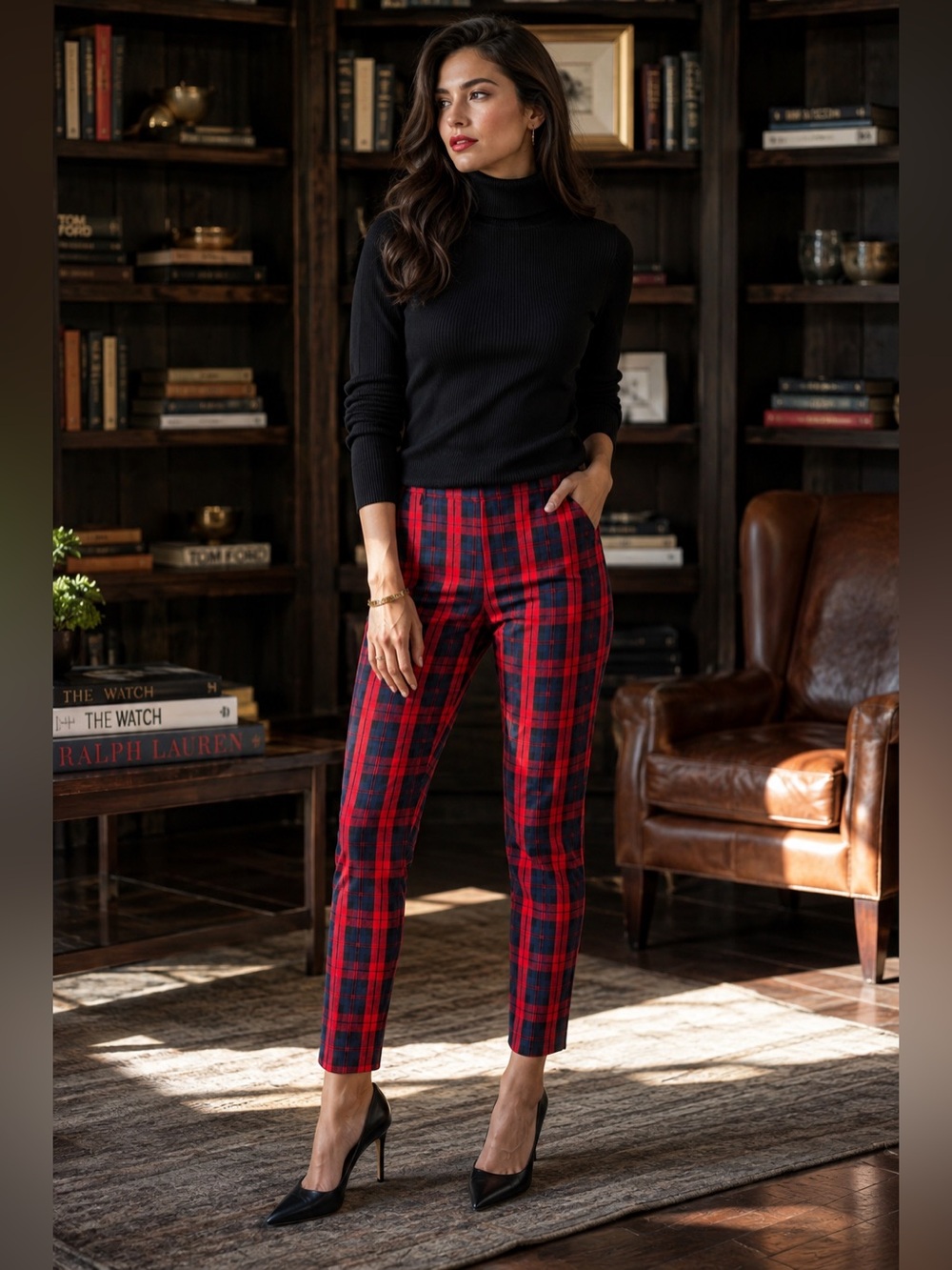 Blue Earth Velare Plaid Dress Pants Small Red Navy Tummy Control Slim Fit